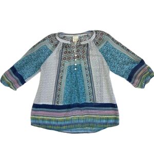Fig and Flower Womens 3/4 Sleeve Peasant Blouse Size M Floral Geometric Print